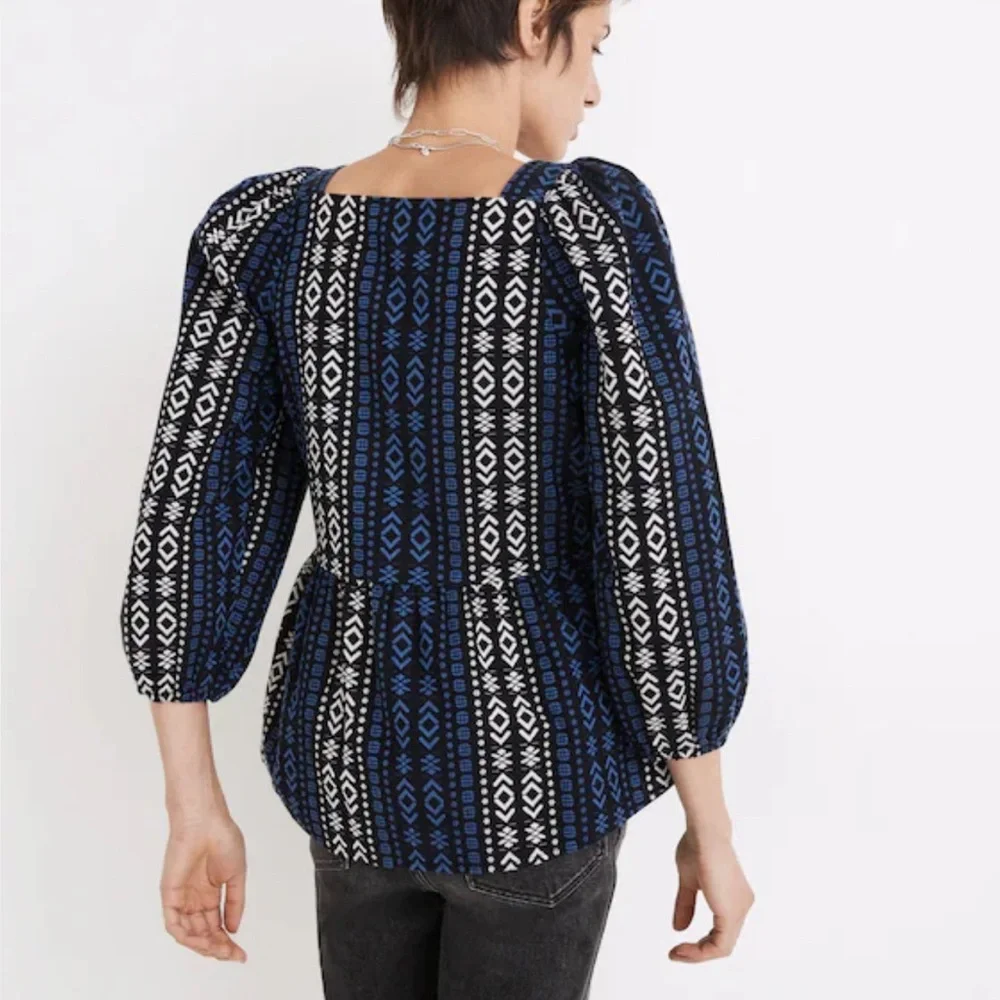 XL Madewell Blue and White Geometric Peplum Top - Picture 2 of 15